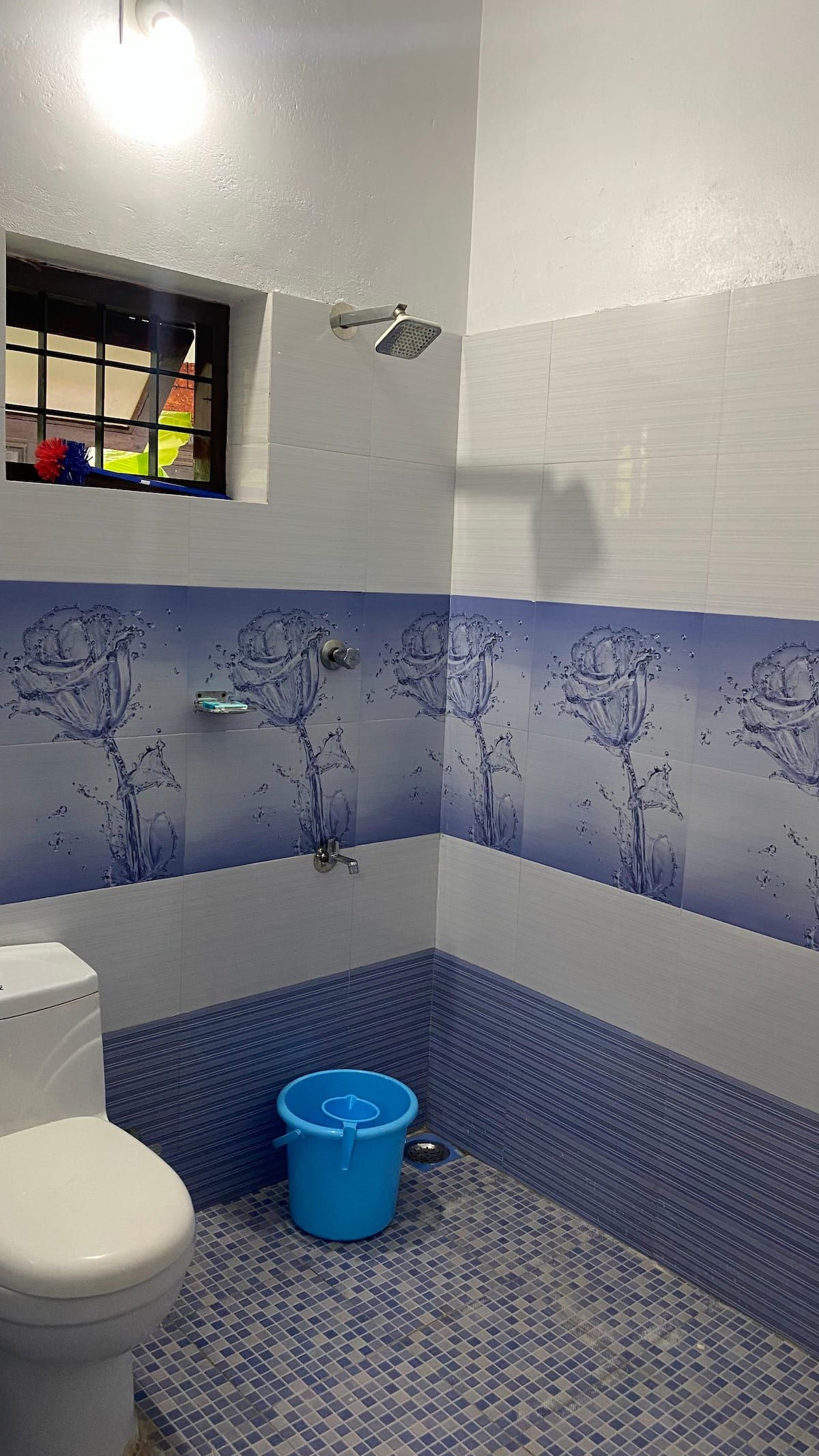 Bathroom with blue floral wall tiles and shower.